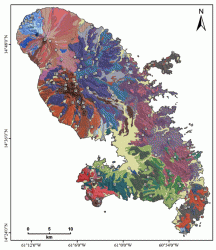 Synthèse de la carte géologique de la Martinique et positions des 123 échantillons analysé lors de l'étude